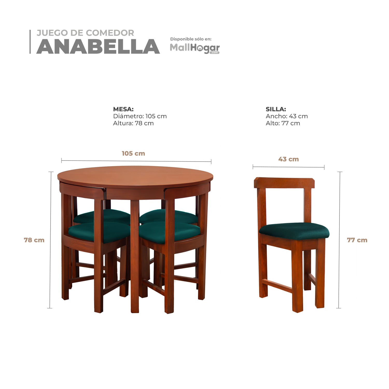 Juego de comedor Anabella 4 Sillas – Verde Militar
