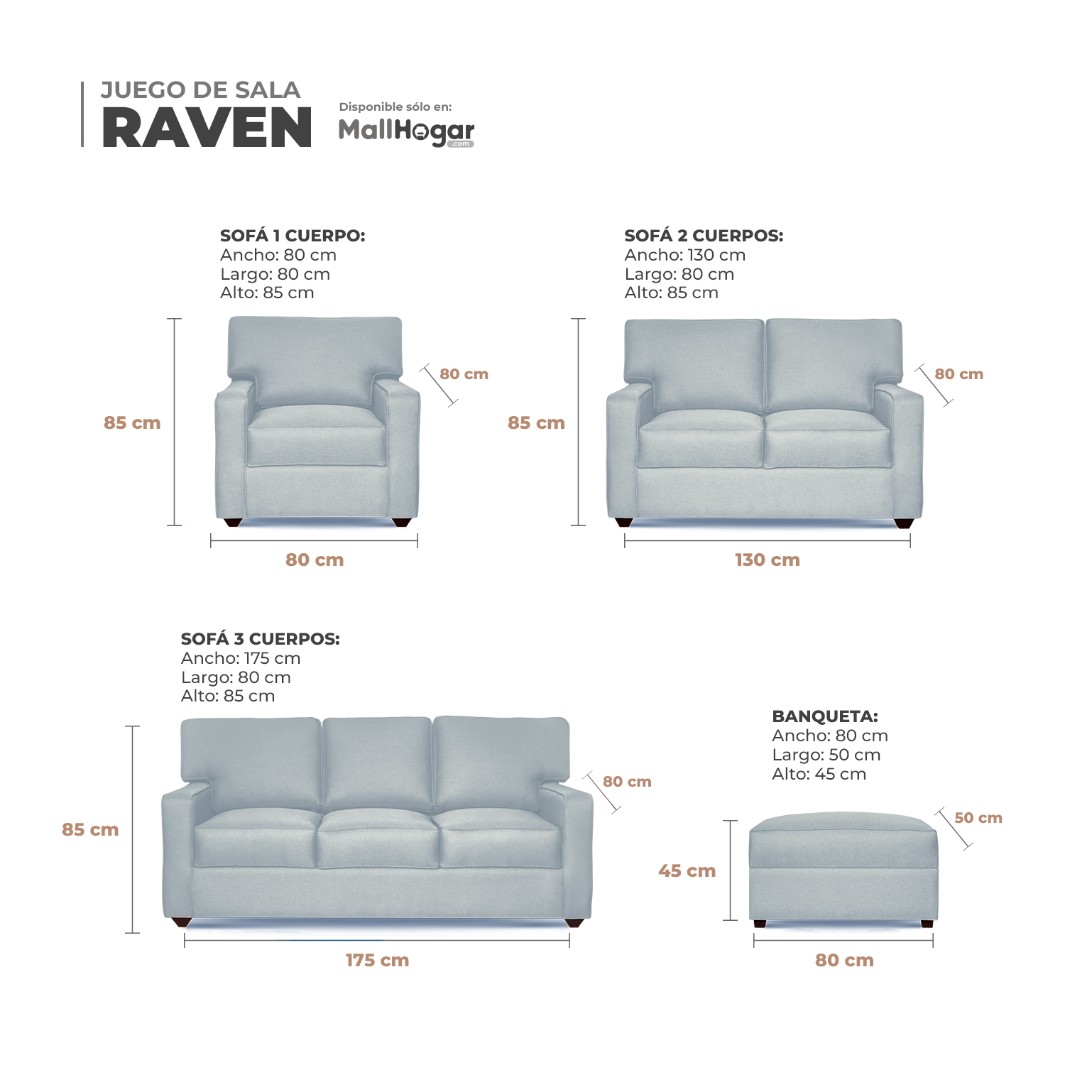 Juego de Sala Raven 3-2-1 + Banqueta – Gris