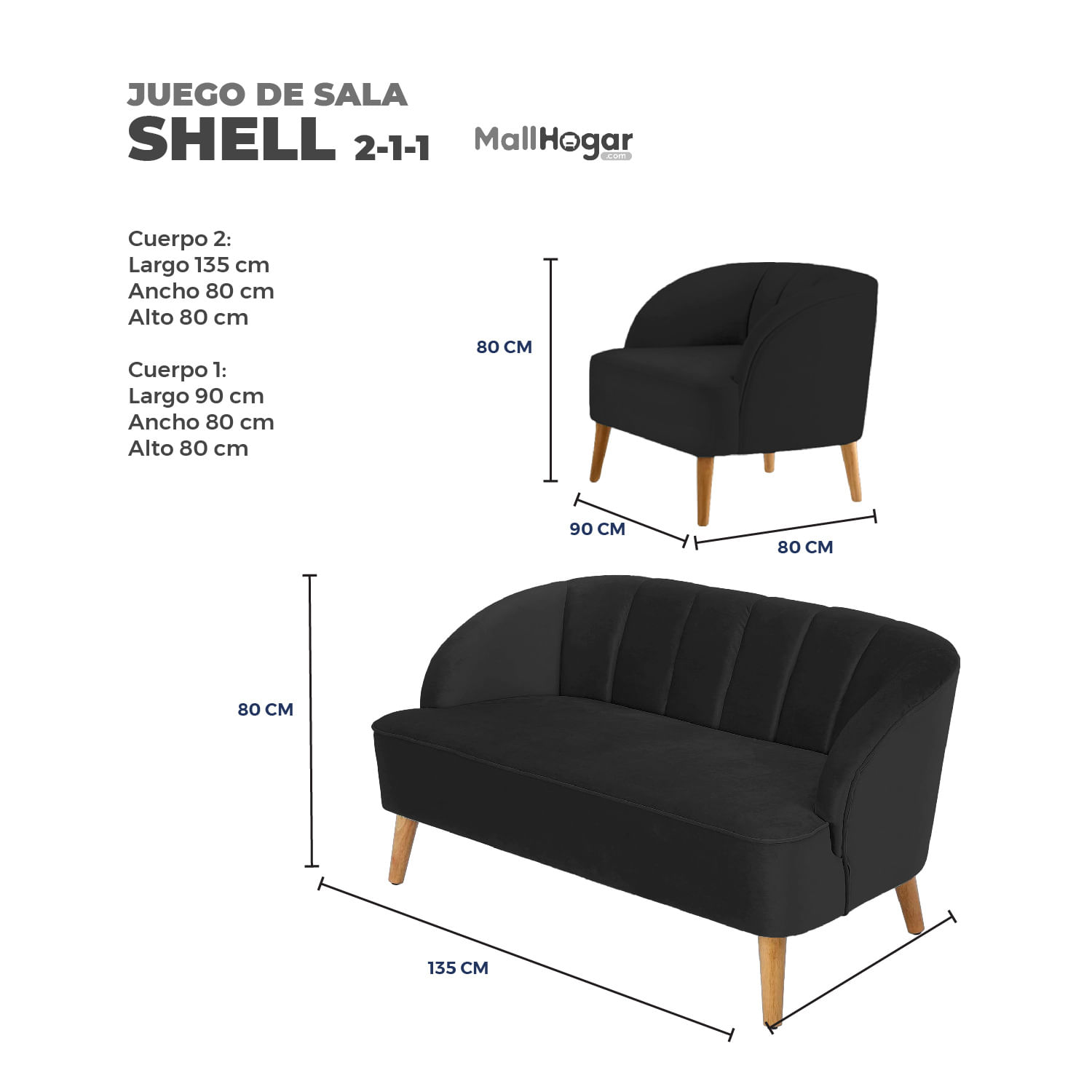 Juego de Sala Shell 2-1-1- Negro