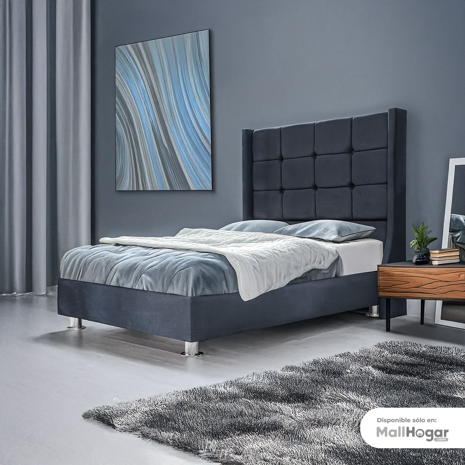 Cama Tapizada Clavel 2 Plazas - Gris Oscuro
