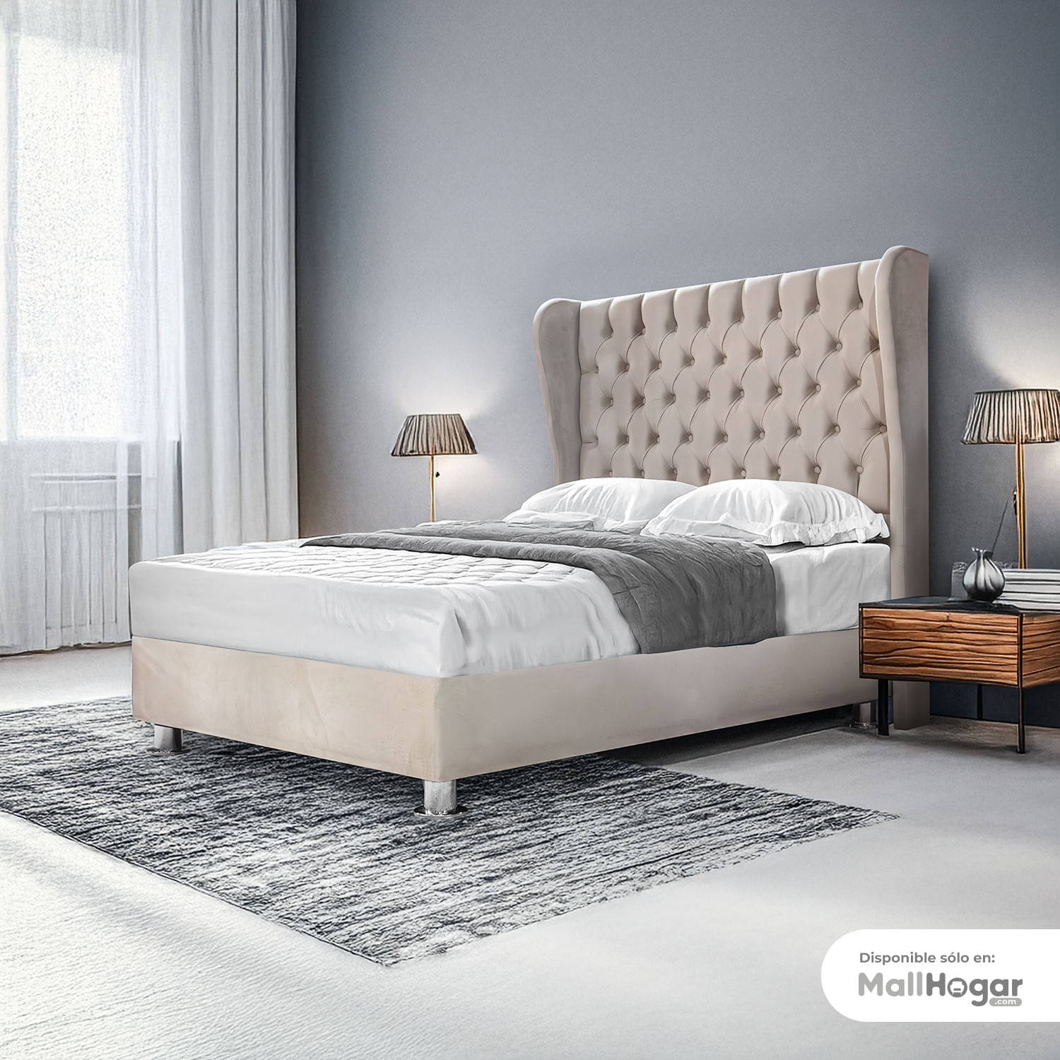 Cama Tapizada Narciso 2 Plazas - Beige Claro