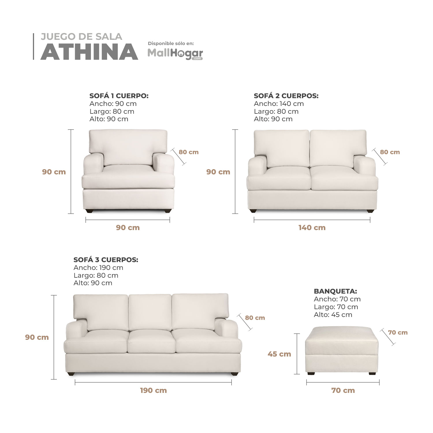 Juego de Sala Athina 3-2-1+ Banqueta – Ivory