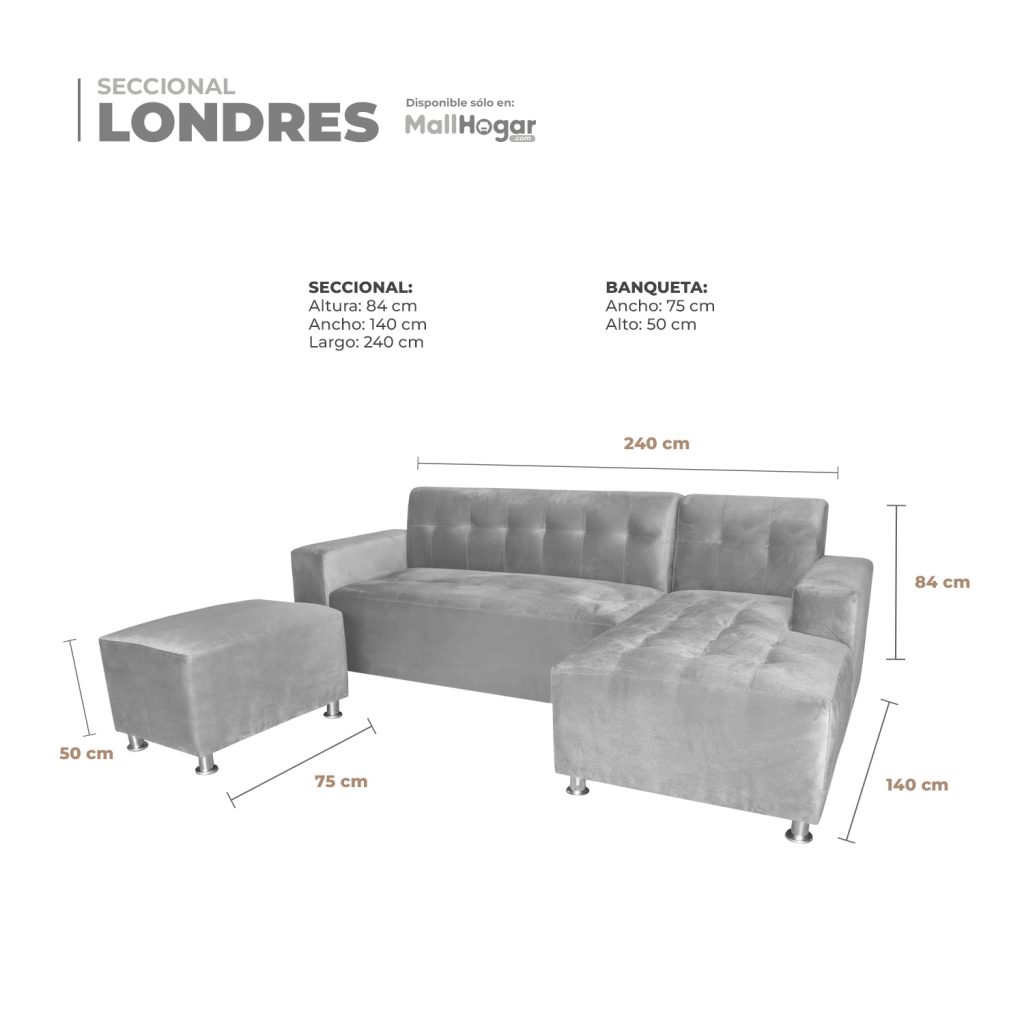 Seccional Londres Derecho + Banqueta – Gris