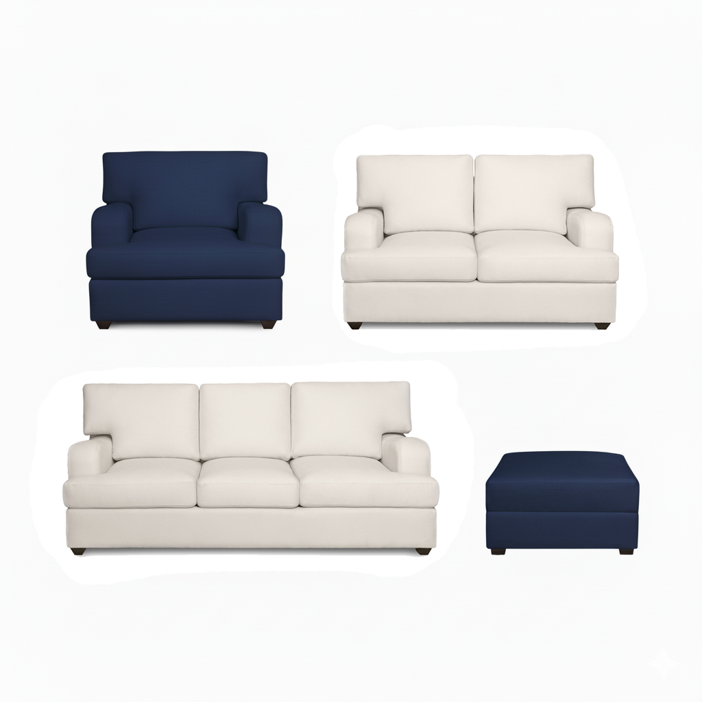 Juego de Sala Athina 3-2-1 + Banqueta – Ivory y Azul