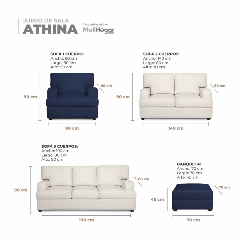 Juego de Sala Athina 3-2-1 + Banqueta – Ivory y Azul