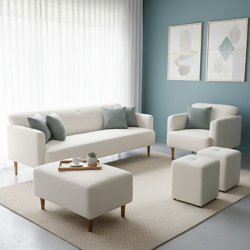 Juego de Sala Zara 3-1 + Banqueta + 2 Puff – Ivory