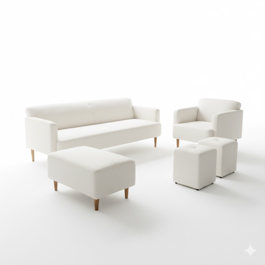 Juego de Sala Zara 3-1 + Banqueta + 2 Puff – Ivory